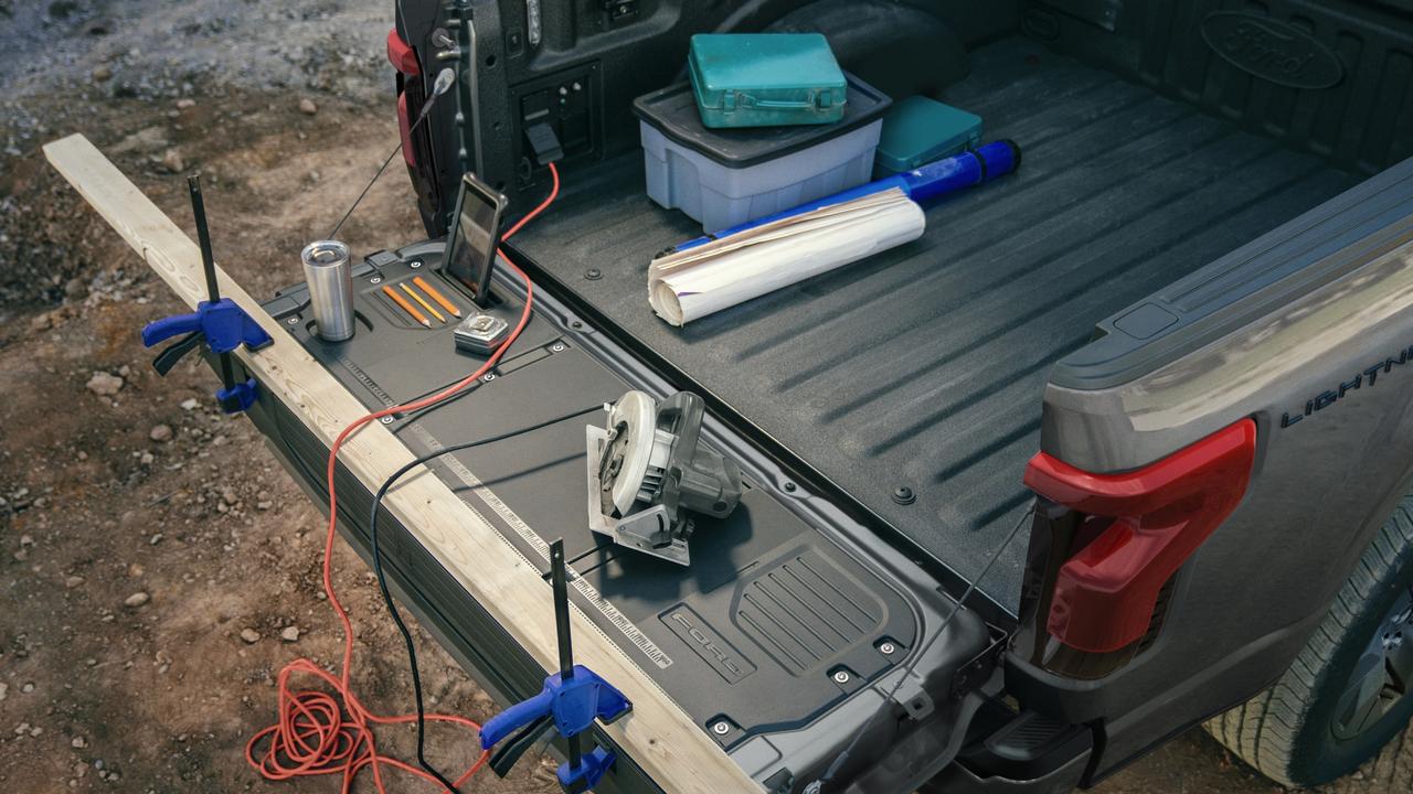 The Lightning tray doubles as a work bench and electric tools can be plugged in and powered by the vehicle.