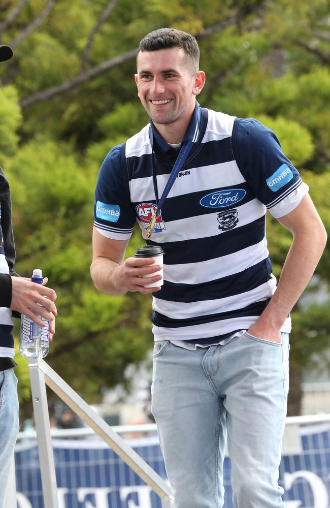 Mark O'Connor is all smiles in Geelong’s premiership celebrations. Picture: Alan Barber