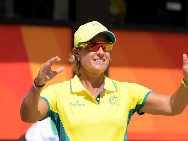 Australian lawn bowler Karen Murphy reacts as she wins her Women's Singles Sectional Play - Section A, Round 1, Match 1 against Kioa Malia of Tonga on day 1 during the XXI Commonwealth Games on the Gold Coast, Australia, Thursday, April 5, 2018. (AAP Image/Tracey Nearmy) NO ARCHIVING, EDITORIAL USE ONLY