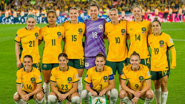 Team Australia poses for a photo ahead of the FIFA Women's World Cup Australia & New Zealand 2023 Round of 16 match between Australia and Denmark at Stadium Australia on August 07, 2023 in Sydney, Australia. (Photo by Andy Cheung/Getty Images)