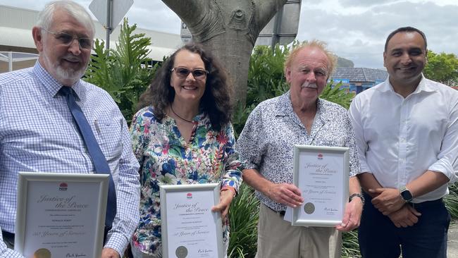 Congratulated for 50 years' service as a Justice of the Peace are Coffs Harbour residents Ron Perry, Madeleine Wardman and Robert Mill. They are seen here with Coffs Harbour state MP Gurmesh Singh. Picture: Chris Knight