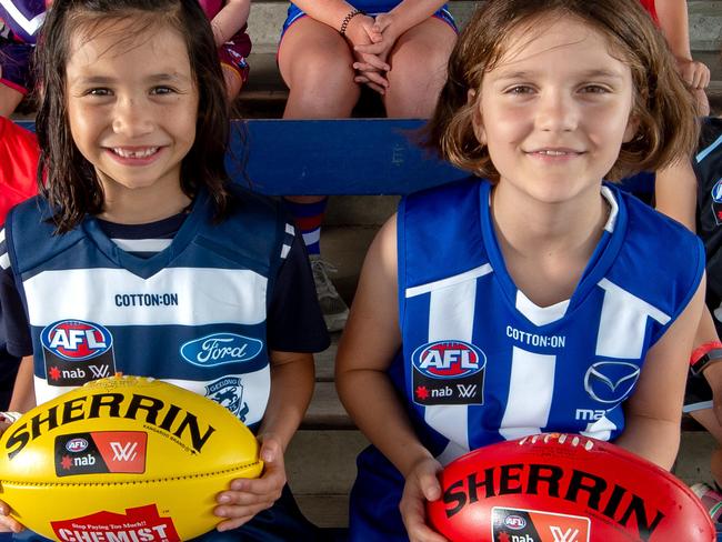 10 young girls in the footy jumpers of the AFLW teams- including the two new clubs for the 2018 season- Geelong and Kangaroos. ADEL - Poppy TaylorBRIS - Carys HancockCARL - Stephanie BerrymanCOLL - Stella RyanFREO - Alice WilkinsGWS - Emily GelsuminiGEEL - Zoe GoughKANGAS - Isabel BowmanMELB - Eddie StagardWB - Greta JacobsPicture: Jay Town