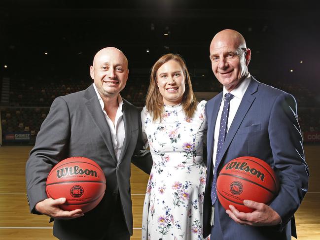 NBL owner and executive chairman Larry Kestelman, Glenorchy Mayor Kristie Johnston and Tasmanian Premier Peter Gutwein today announced that the leagues 10th team would be based in Tasmania. Picture: ZAK SIMMONDS