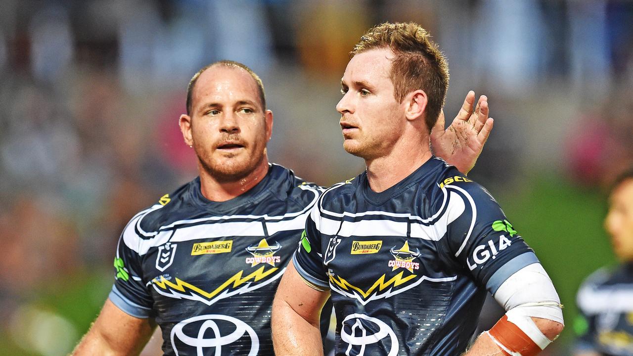 Cowboys Hall of Famer Matt Scott and Michael Morgan, a player he thanked. Picture: Zak Simmonds