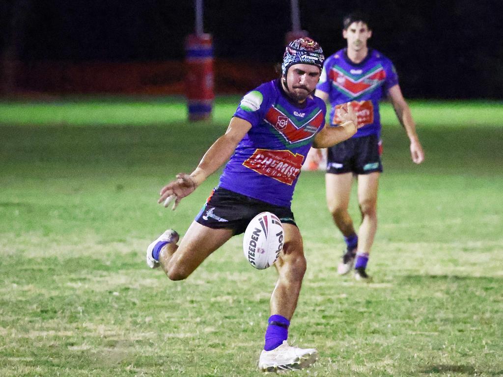 Michael Morton kicks the ball on the 5th in the Far North Queensland Rugby League (FNQRL) Men's minor semi final match between the Innisfail Leprechauns and the Yarrabah Seahawks, held at Smithfield Sporting Complex. Picture: Brendan Radke