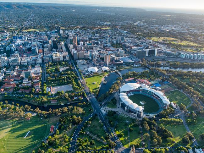 Adelaide Oval and City from the air . aerial , skyline , river torrens . RAH , Festival Centre , King William Street , North Adelaide .   Credit: Airborne Photography