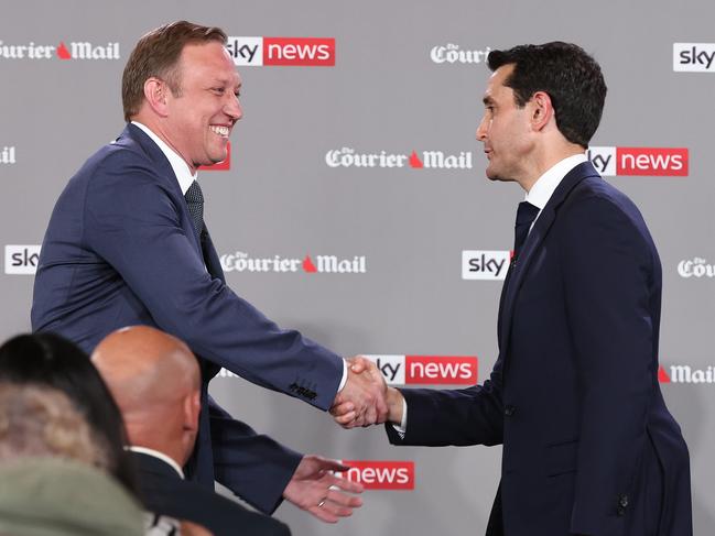 Premier Steven Miles and Opposition Leader David Crisafulli go head to head in the final election debate in front of 100 undecided voters at Suncorp Stadium. Pics Adam Head