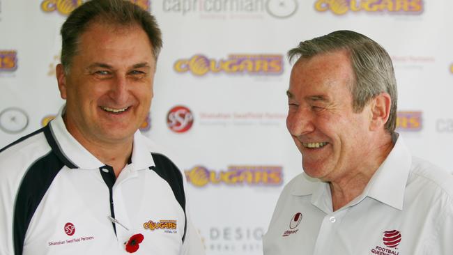 Joe Fenech and Geoff Foster at a press conference for CQ soccer. Photo Allan Reinikka