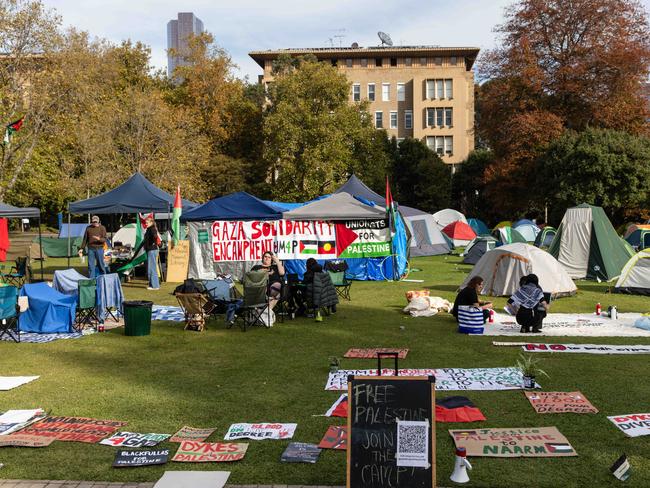 The view of the South Lawn of Melbourne University as pro-Palestine supporters continue their encampment.