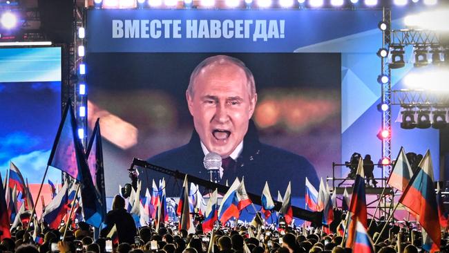 Vladimir Putin addresses a rally and a concert marking the annexation of four regions of Ukraine. Picture: AFP.