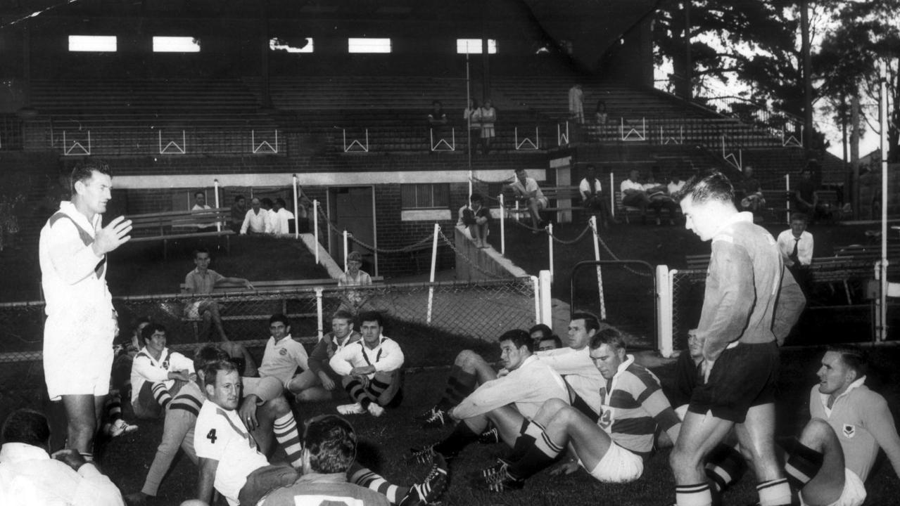 Norm Provan talks to his St George players during training at Kogarah in mid 1960s.