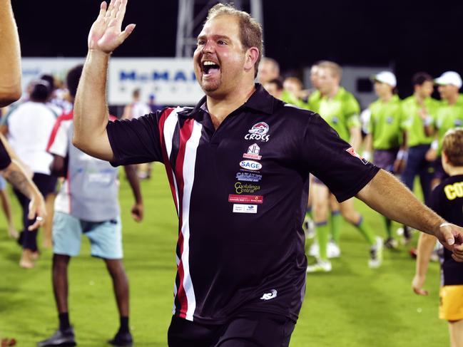 Southern Districts Crocodiles coach Shannon Rusca  celebrates after the final siren during the 2018 NTFL Men's Premier League Grand FinalPicture: keri Megelus