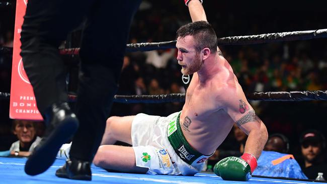 Jermall Charlo drops Dennis Hogan. Picture: Emilee Chinn/Getty