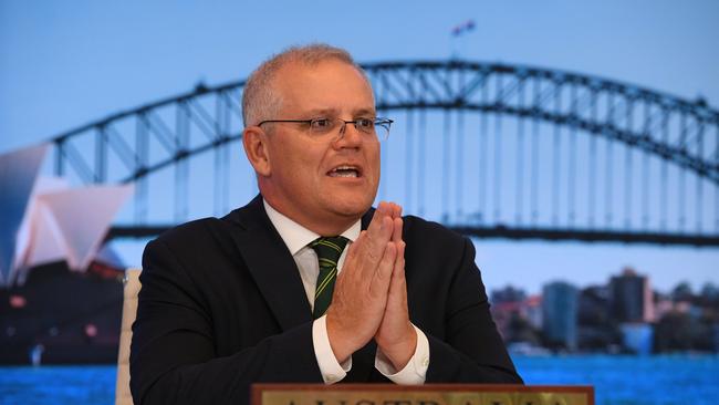 Scott Morrison takes part via video link in the inaugural Quad leaders meeting in March. Picture: AAP