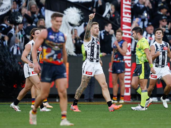 Jordan De Goey soaks up his matchwinner. Picture: Dylan Burns/AFL Photos via Getty Images