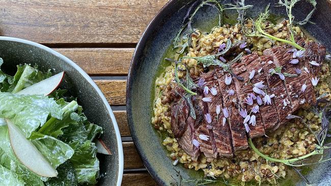 Gather at Coriole, dry aged beef on creamed grains. Picture: Jessica Galletly