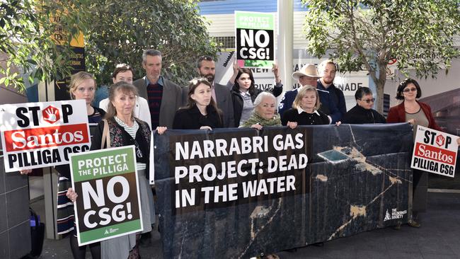 Protesters gather outside the Santos AGM at the Adelaide Convention Centre in 2017.