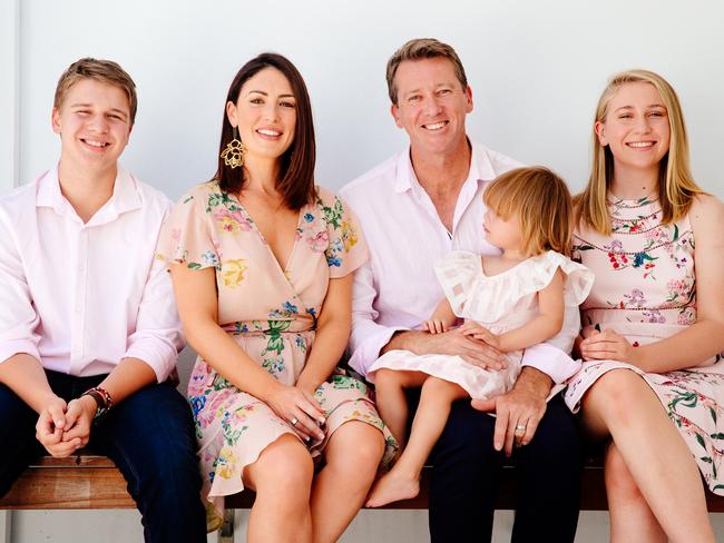 Sara and Glenn McGrath with their children James (left) and Holly (right), whom Glenn had with his late wife Jane, and the couple’s two-year-old daughter Madison. Picture: Jonathan Ng