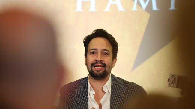 Hamilton creator Lin-Manuel Miranda talks to the press in Brisbane at South Bank. Picture Lachie Millard