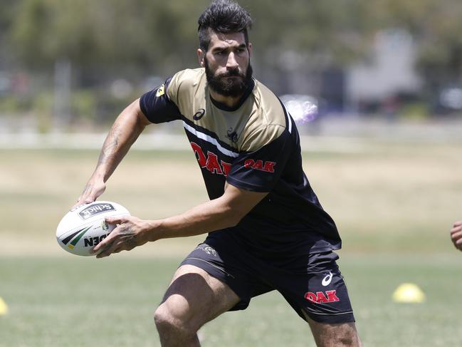 Penrith Panthers first training session of the pre-season with new players Mitch Rein (orange bib) and James Tamou (pictured) in action.