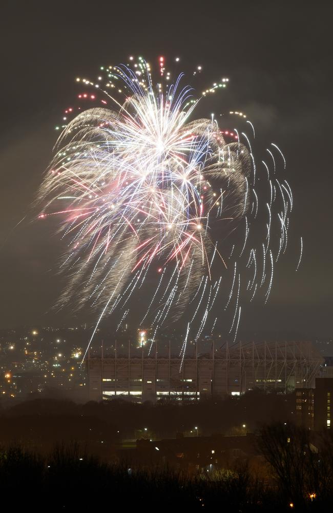 Fireworks explode during a display over St James' Park in Newcastle upon Tyne, England. Picture: Getty