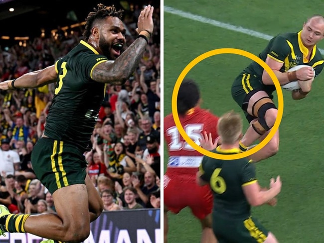 Hamiso Tabuai-Fidow celebrates a try and the dangerous tackle. Photos: Getty Images/Fox Sports