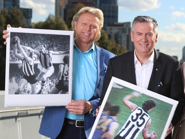 HOLD FOR THE DAILY HERALD SUN PIC DESK----Dermott Brereton, Eddie McGuire,  Sarah Jones and Jonathan Brown holding their favourite moments in AFL,   for the FOX FOOTY finals. Picture: Alex Coppel.