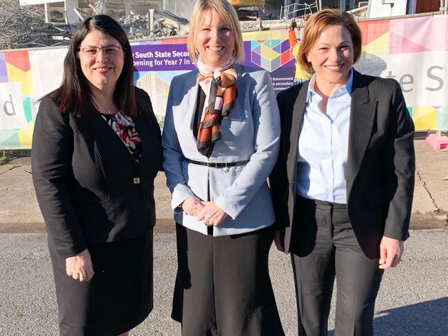 Member for South Brisbane Jackie Trad (right) with Education Minister Grace Grace (left) and Inner City South State Secondary College foundation principal Kirsten Ferdinands