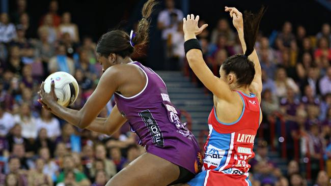 Romelda Aiken and Sharni Layton battling in the old ANZ championship.