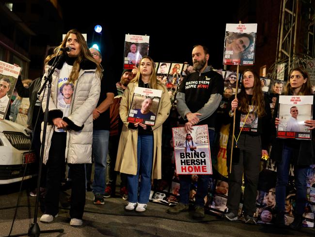 A relative speaks during a rally organised by family and supporters of Israeli hostages held in Gaza, near the residence of the Israeli prime minister in Jerusalem. Picture: AFP