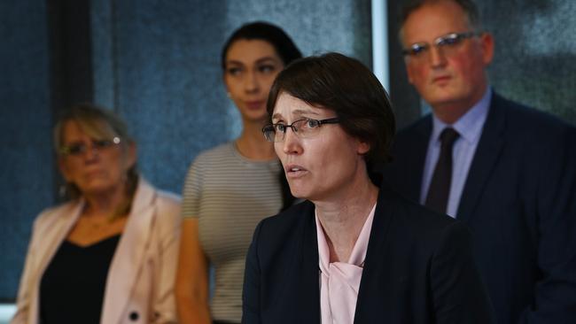 Forensic biologist Dr Kirsty Wright talks to the media watched by Vicki and Shannah Blackburn (mother and sister of Shandee Blackburn) and Hedley Thomas, The Australian’s investigative journalist as they discuss forensic revelations in relation to the 2013 murder of Ms Blackburn in Mackay. Picture: Lyndon Mechielsen/The Australian