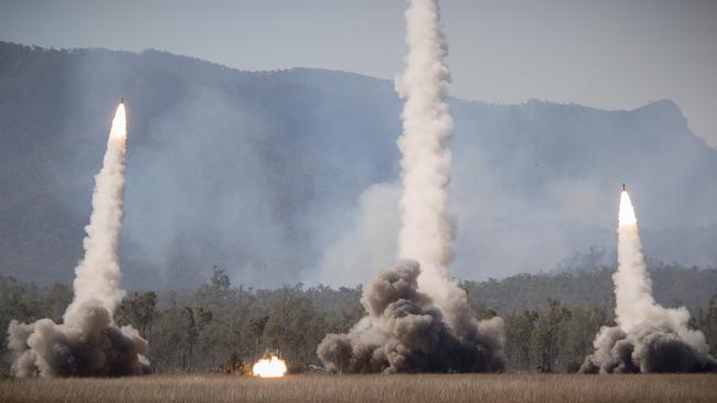 The US Army launches HIMARS rockets during a demonstration in Queensland during Talisman Sabre in 2021. Australia has confirmed the purchase of 20 of the multiple launch rocket systems. Picture: Madhur Chitnis /AFP