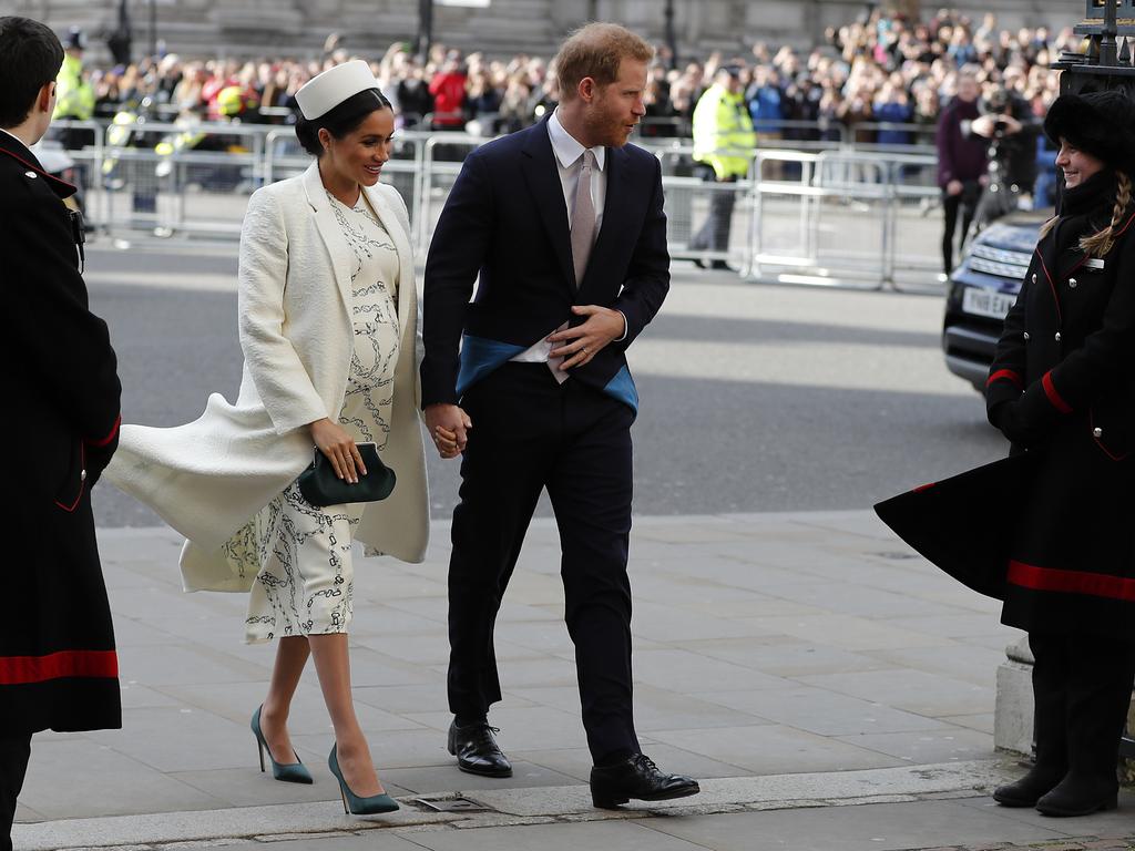 Meghan’s custom Victoria Beckham ensemble. Picture: Frank Augstein/AP