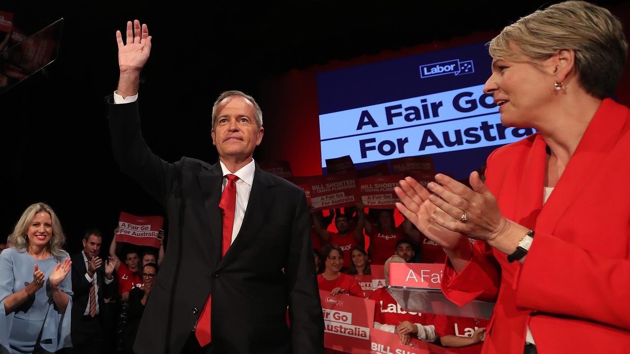 Mr Shorten flanked by his wife Chloe (left) and deputy leader Tanya Plibersek. Picture: Kym Smith