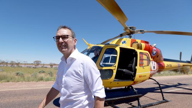 Premier Steven Marshall at flood-affected Glendambo on February 2. Picture: NCA NewsWire / Kelly Barnes Pool via NCA NewsPix