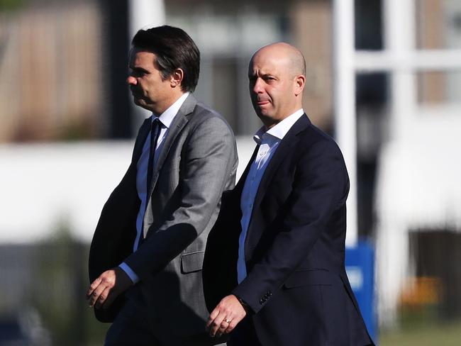 NRL CEO Todd Greenberg and General Manager of the NRL integrity unit Nick Weeks after meeting with the Eels players / Picture: Phil Hillyard
