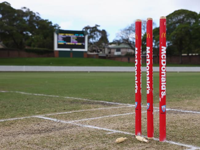 SYDNEY, AUSTRALIA - NOVEMBER 28: Stumps are seen during the innings break at the Poidevin Gray Shield match between Western Suburbs and Sydney University at Pratten Park, on November 28, 2021, in Sydney, Australia. (Photo by Jeremy Ng/News Corp Australia)