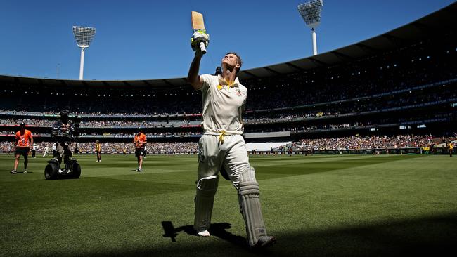 Smith looks skyward after his mammoth 192 run knock to remember his friend Phil Hughes.