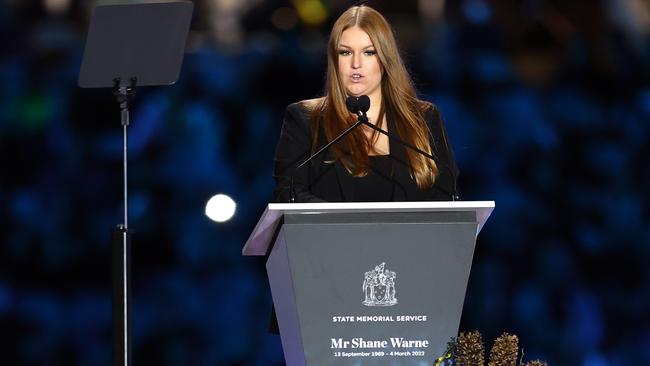 Brooke Warne speaks. Photo by Graham Denholm/Getty Images