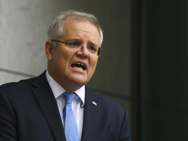 Australian Prime Minister Scott Morrison speaks to the media during a press conference at Parliament House in Canberra, Friday, April 3, 2020. (AAP Image/Lukas Coch) NO ARCHIVING