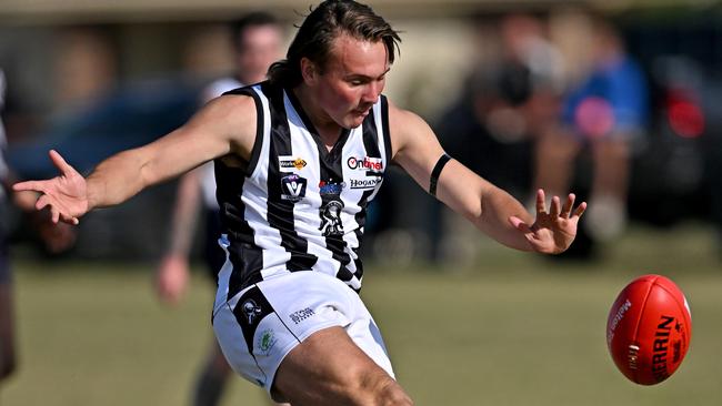 WallanÃs Brodie Gilchrist during the RDFL Melton Centrals v Wallan football match in Harkness, Saturday, April 23, 2022. Picture: Andy Brownbill