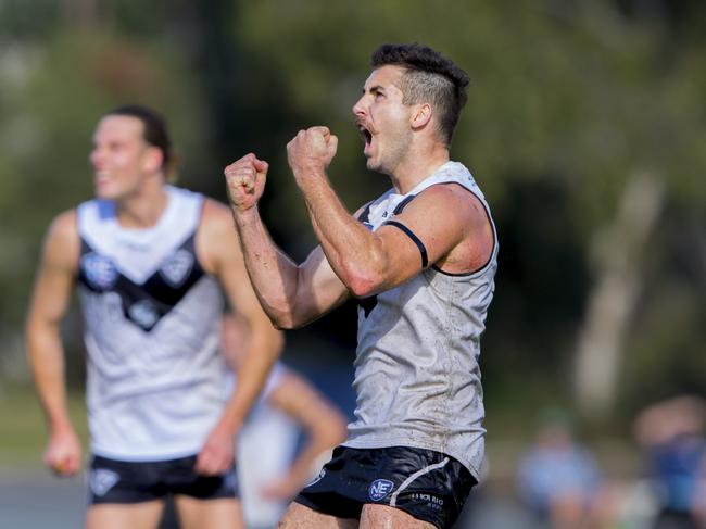 Brandon Chadwick kicked the winning goal for the Southport Sharks against the Brisbane Lions on Saturday, July 7. 2018. Picture credit: TJ Yelds, NEAFL.