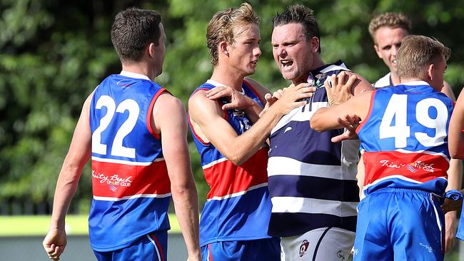 Bulldogs' Luke Morgan and Crocs' Daniel Moore have some words. Picture: Stewart McLean