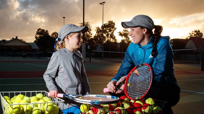 Prospect Tennis Club coach Theadora Kotsiou with student Maiya Jakupec in 2016. Picture by Matt Turner.