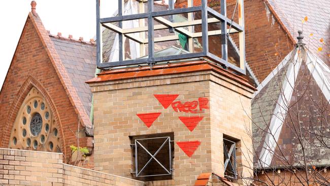 Protesters graffitied Anthony Albanese’s electorate office in Sydney’s Marrickville with the inverted red triangle. Picture: Damian Shaw