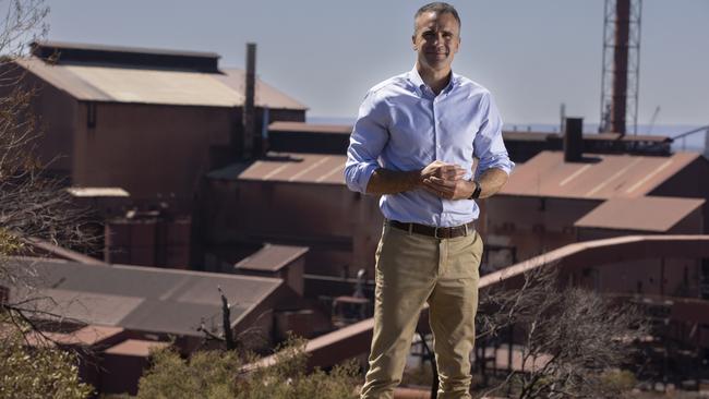 Premier Peter Malinauskas stands on Hummock Hill Lookout in Whyalla, overlooking Whyalla Steelworks last week.