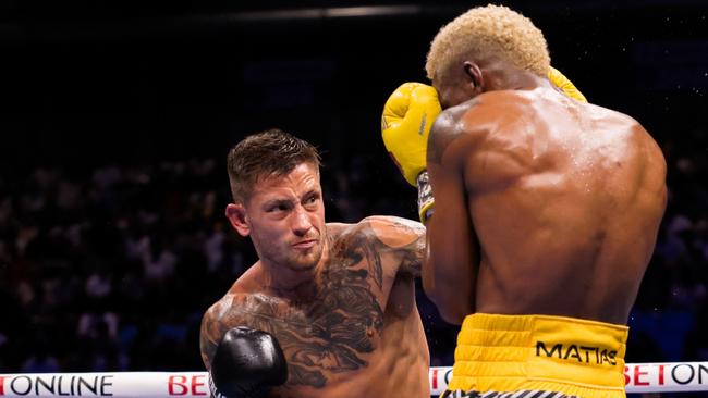 June 15, 2024; Manati, Puerto Rico, USA; Subriel Matias and Liam Paro during their fight at Coliseo Juan Aubn Cruz Abreu in Manati, Puerto Rico. Mandatory Credit: (Photo by Amanda Westcott/Matchroom.)