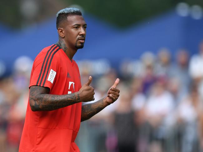 Bayern Munich's defender Jerome Boateng gestures during a team training session of the German first division Bundesliga team FC Bayern Munich in the team training camp in Rottach-Egern, southern Germany, on August 3, 2018.   / AFP PHOTO / Christof STACHE