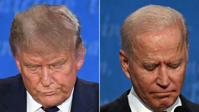 Temporary silence as Donald Trump, left, and Joe Biden draw breath. Saul Loeb/Jim Watson/AFP