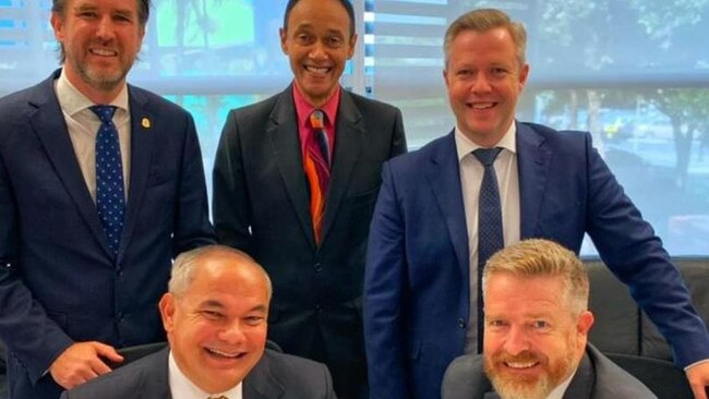 Ten years in office celebrations at City Hall — Councillors William Owen-Jones, Cameron Caldwell and Glenn Tozer with Mayor Tom Tate. Bob La Castra who has 25 years service joins them.